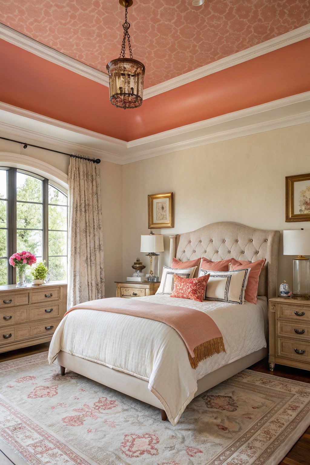 A bedroom featuring a warm coral ceiling with neutral walls.