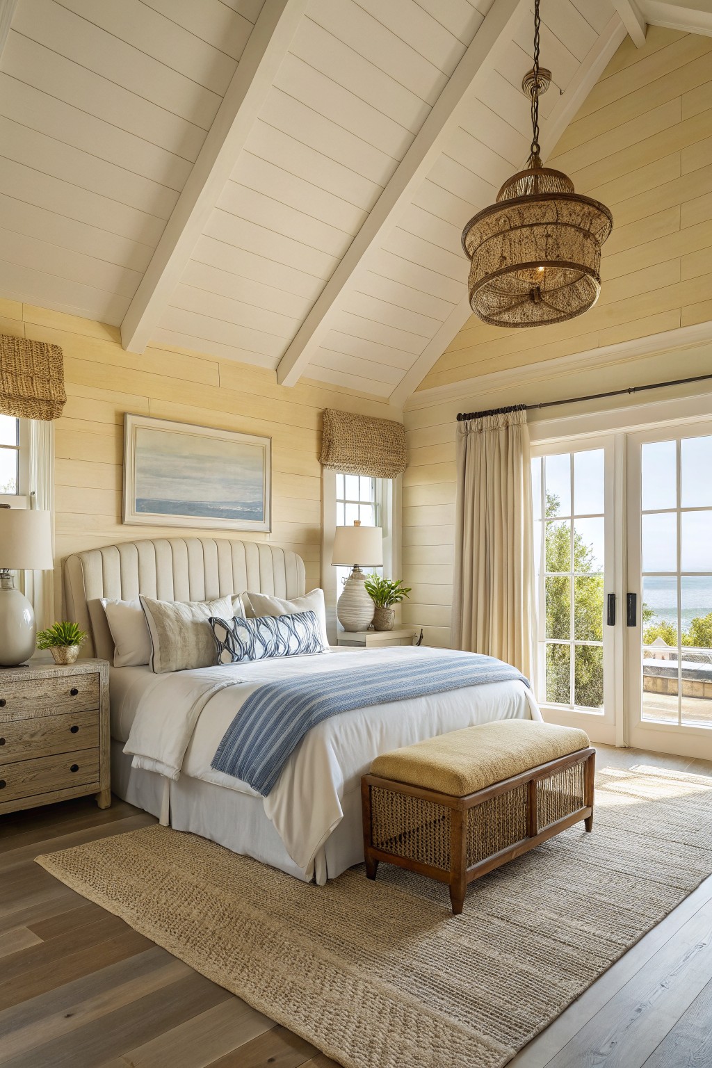 Coastal bedroom with white bed, blue throw, woven chandelier, and ocean-view doors.