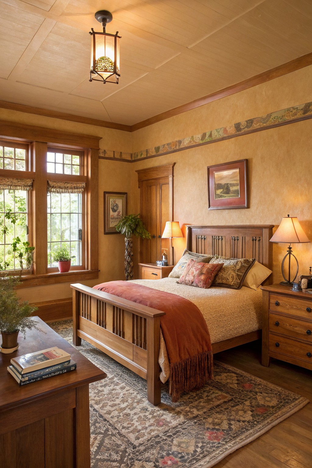 A bedroom featuring warm golden beige walls with wooden trim and windows.