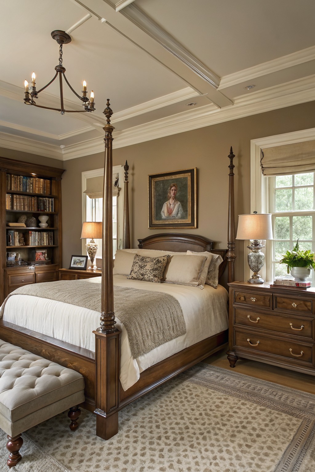 A bedroom with warm greige walls and a dark wood four-poster bed.