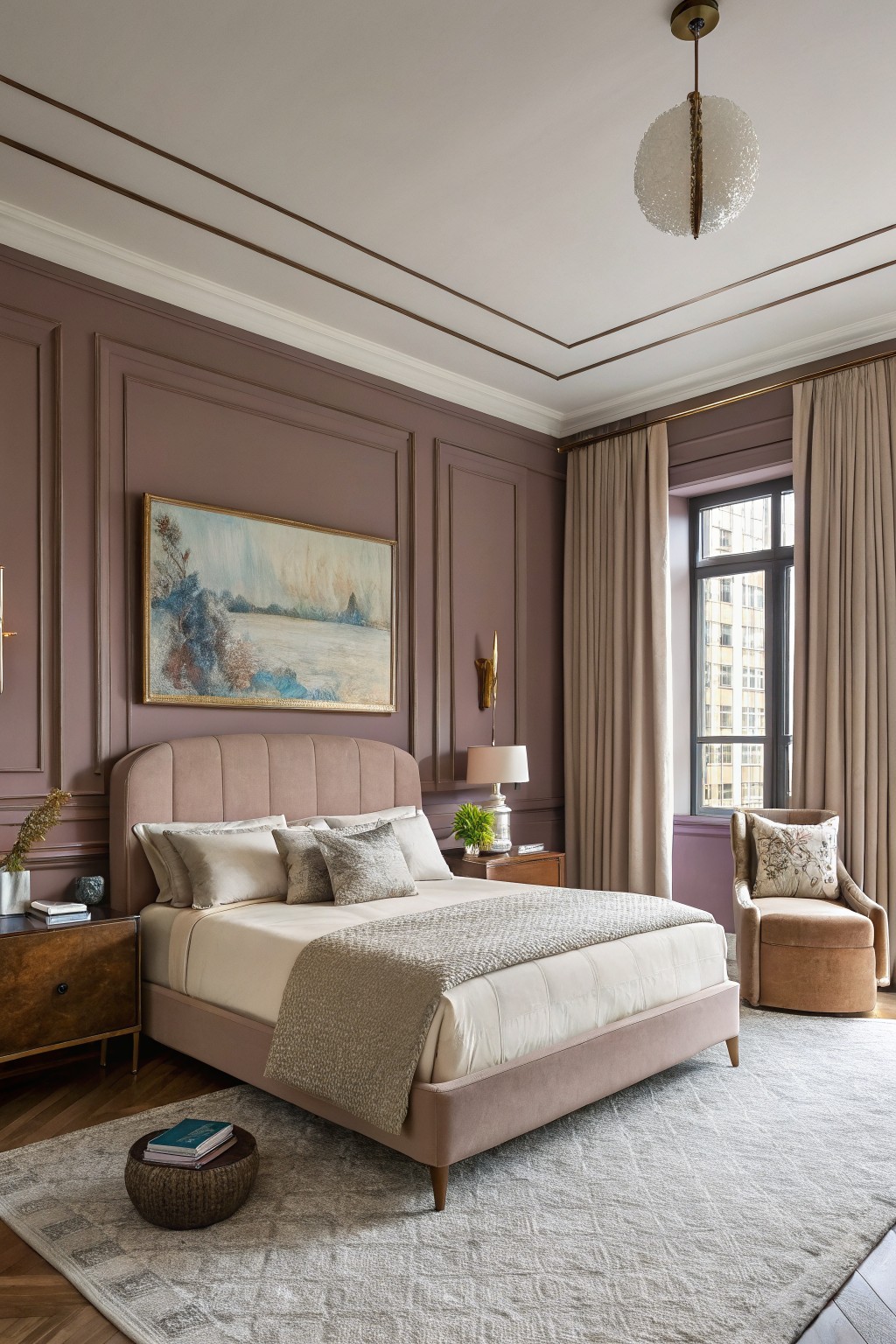 Bedroom walls painted in a soft warm mauve with paneled detailing.