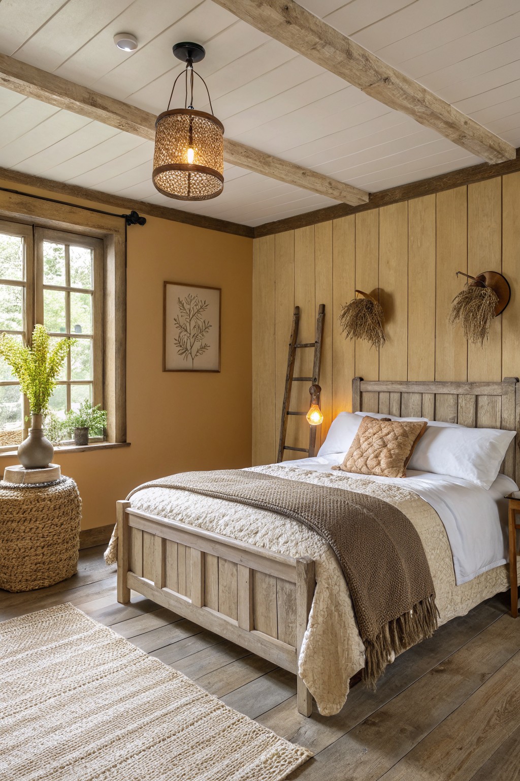 Warm ochre walls in a bedroom with wood accents.