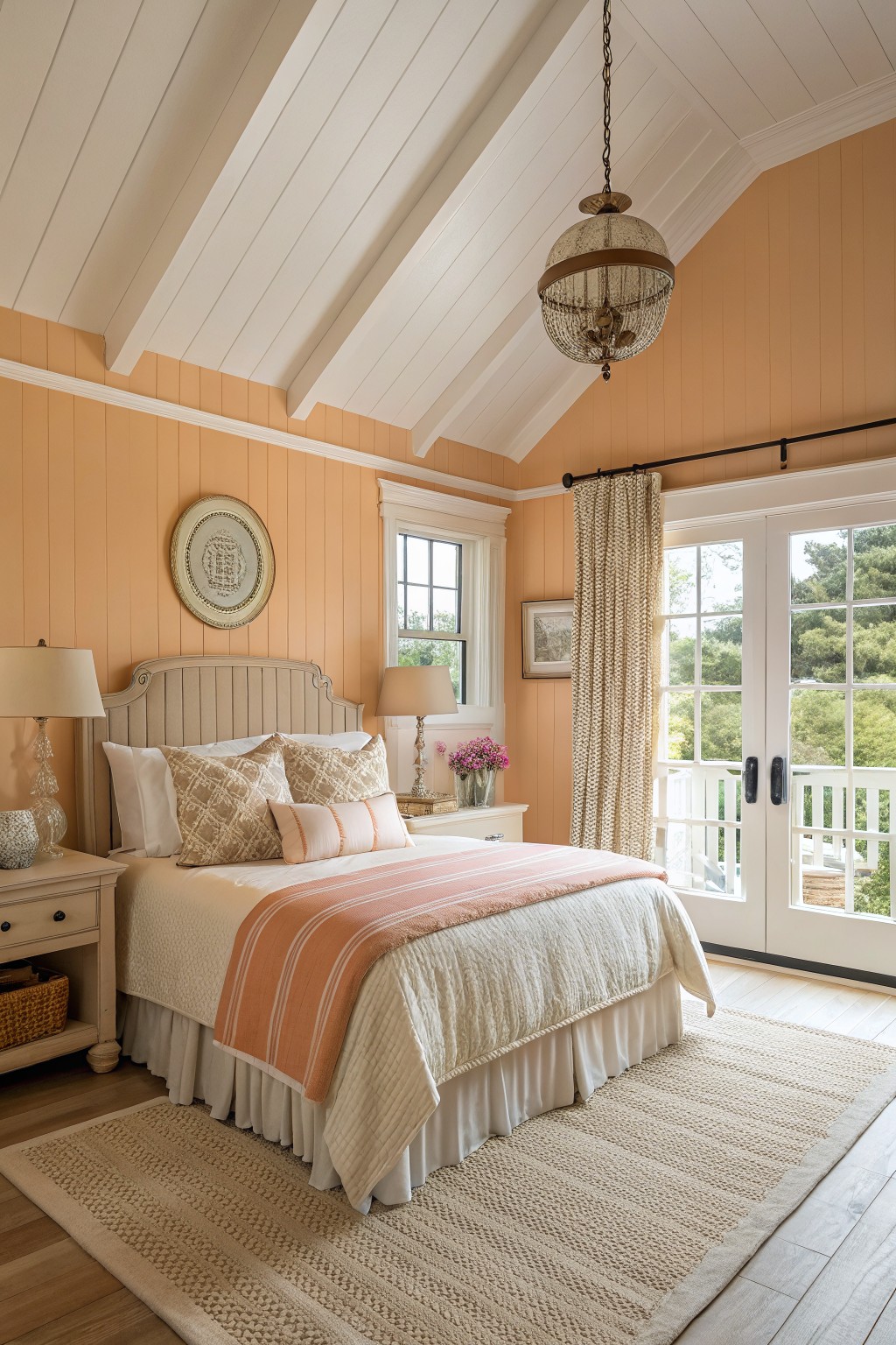 Peach-walled bedroom with white bed, striped throw, chandelier, and French doors.