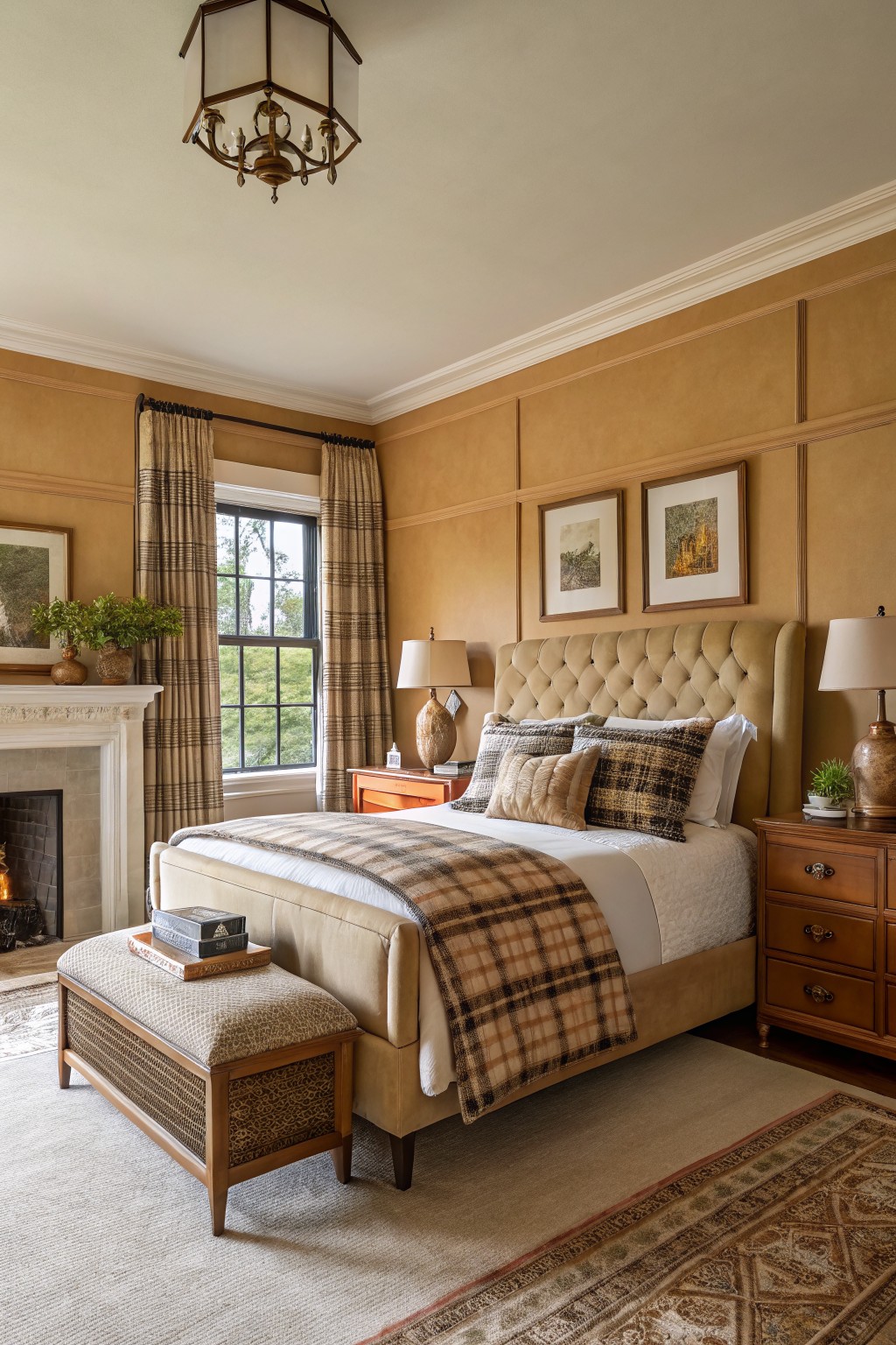 Bedroom walls painted in a warm golden tan color.