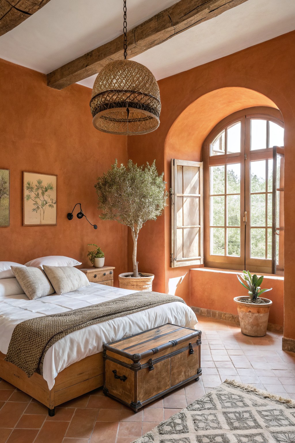A bedroom with warm terracotta walls and wood furniture.
