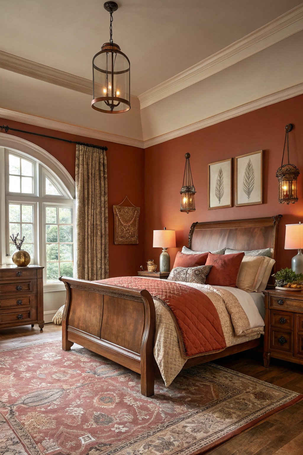 Elegant bedroom with wooden sleigh bed, terracotta walls, and large patterned rug.