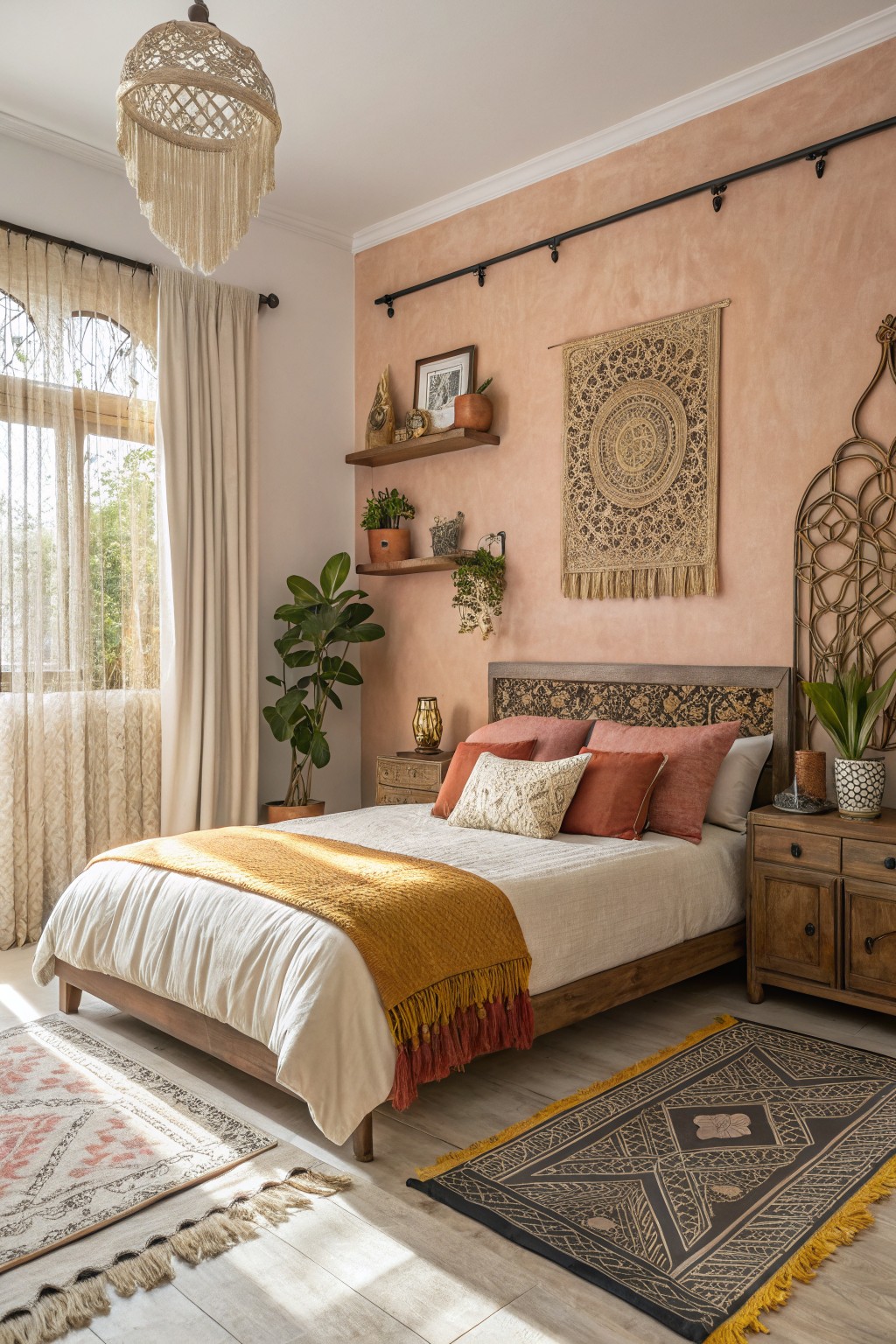 A bedroom with warm terracotta walls and a wooden bed frame.