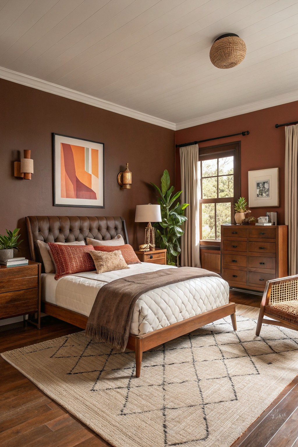 A bedroom with warm terracotta brown walls and wood furniture.