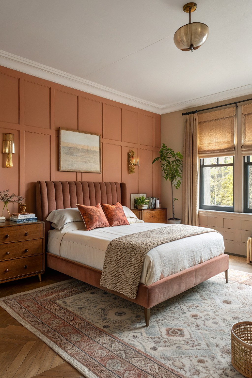 A bedroom featuring warm terracotta walls and wooden furniture.