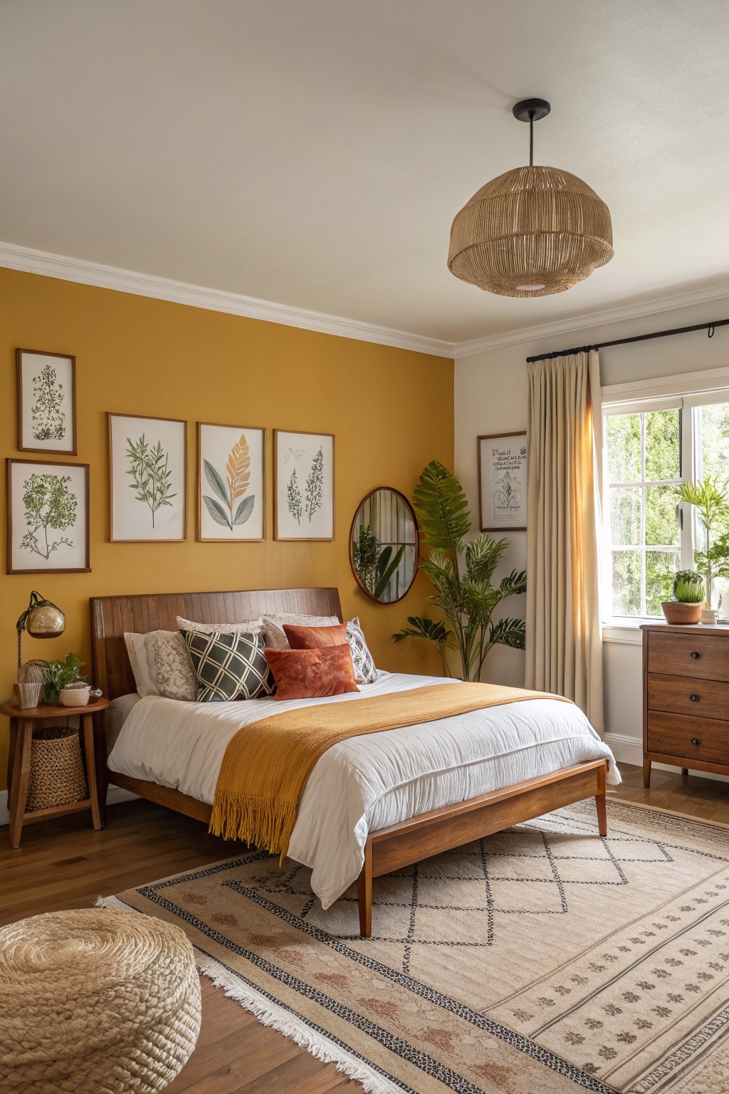 A bedroom with warm golden yellow walls and a wooden bed frame.