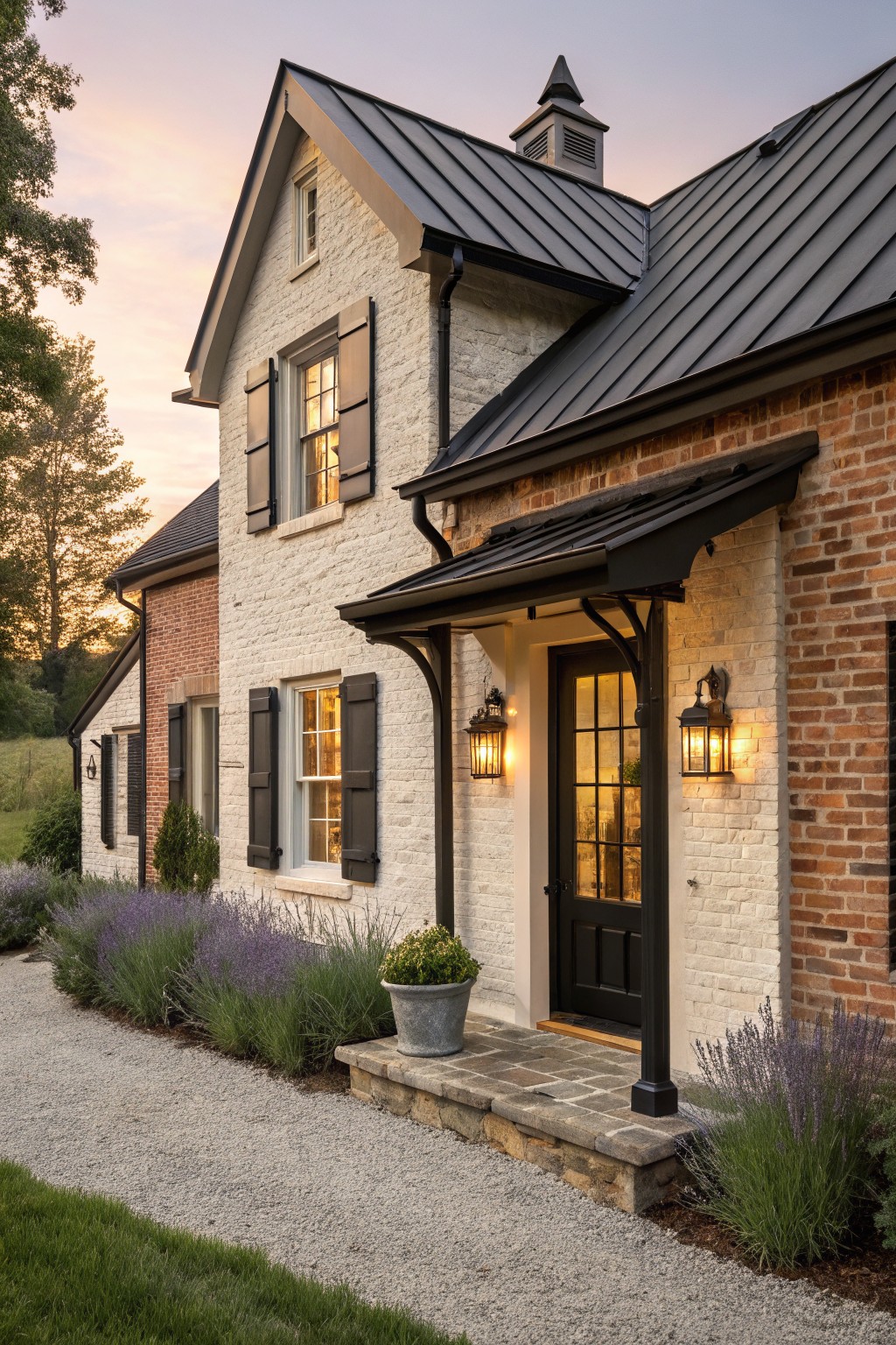 Charming white brick house with dark roof, black door, and glowing lanterns at dusk.