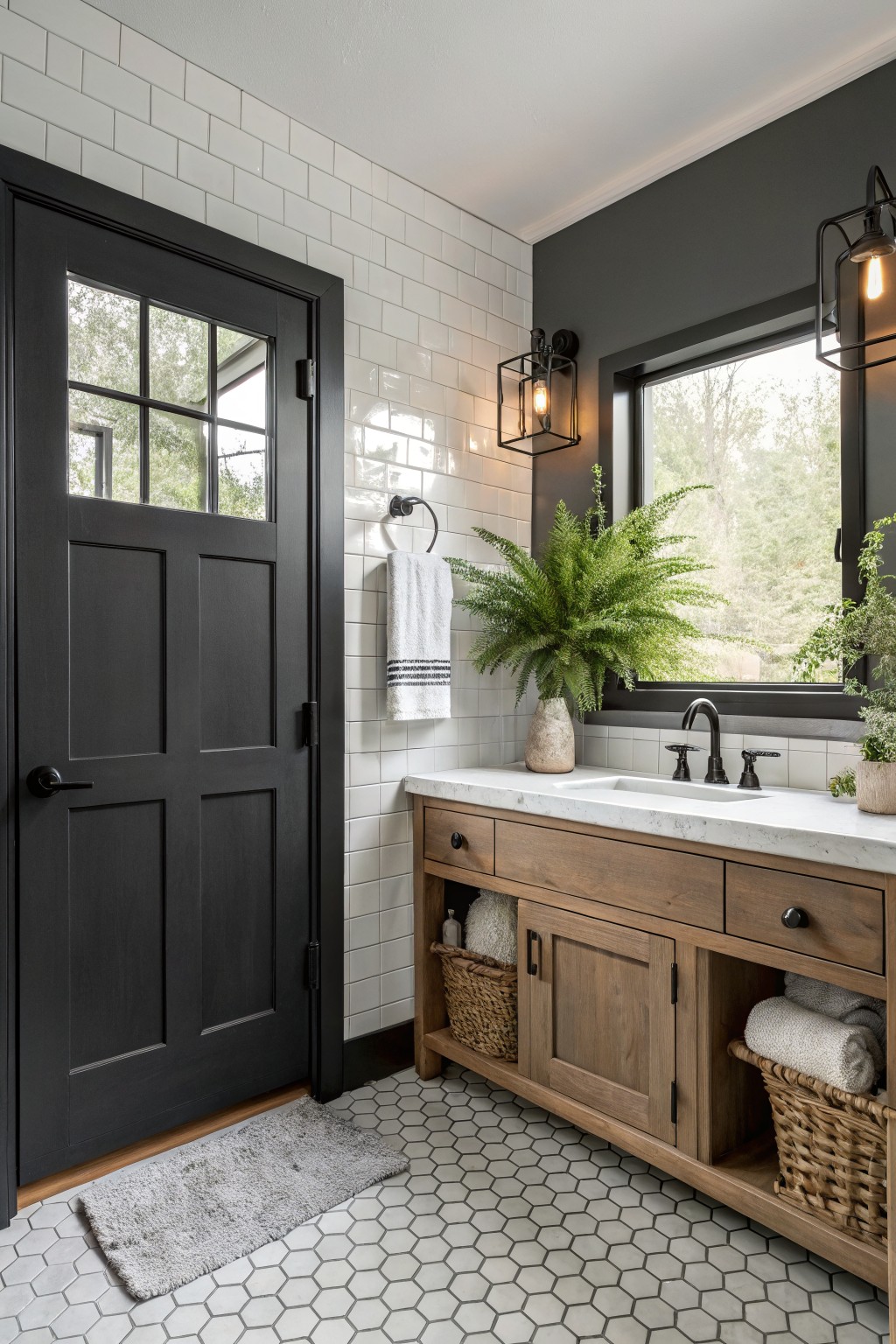 A black painted door beside a dark gray wall in a bathroom with white tile and wood vanity.