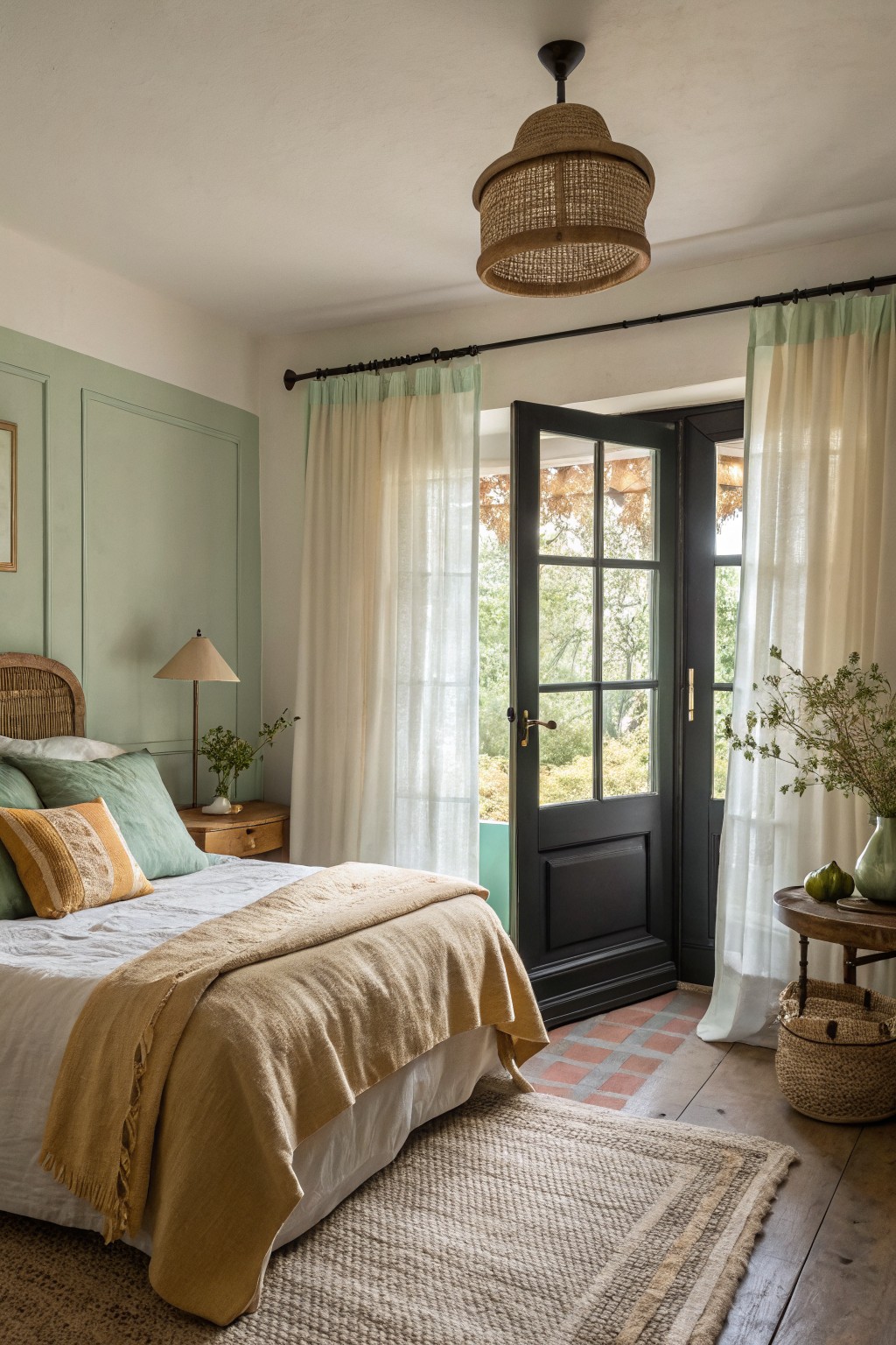 A black painted door stands open in a bedroom with green walls.
