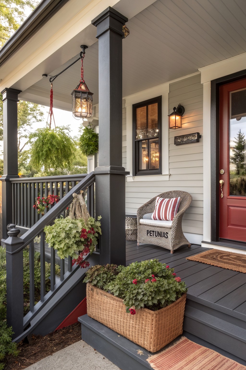 Black painted posts and railings on a gray farmhouse porch.