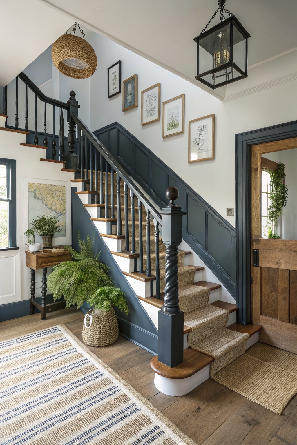 Black stair railings and dark paneling along an interior staircase.