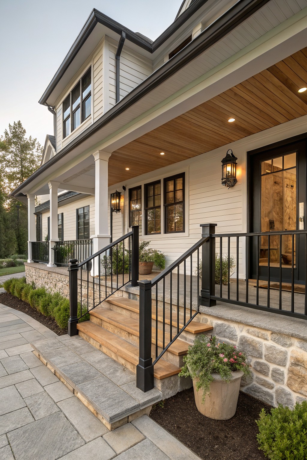 Black railings and trim on a white farmhouse porch.