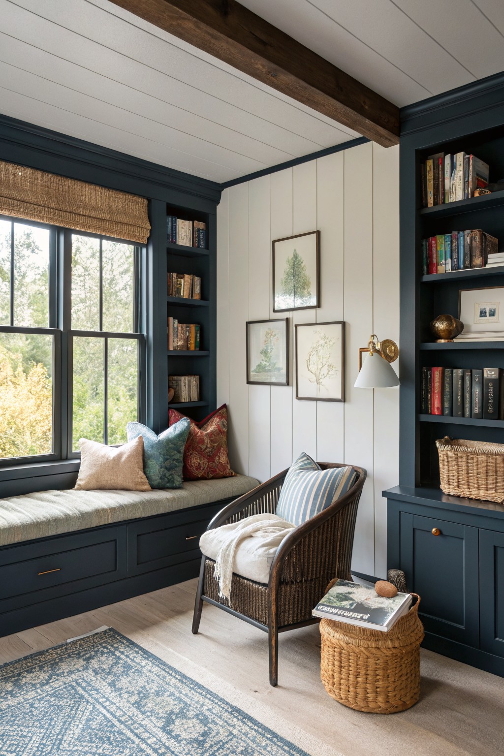 Dark navy black paint covers the built-in bookshelves, window trim, and cabinetry in this room.