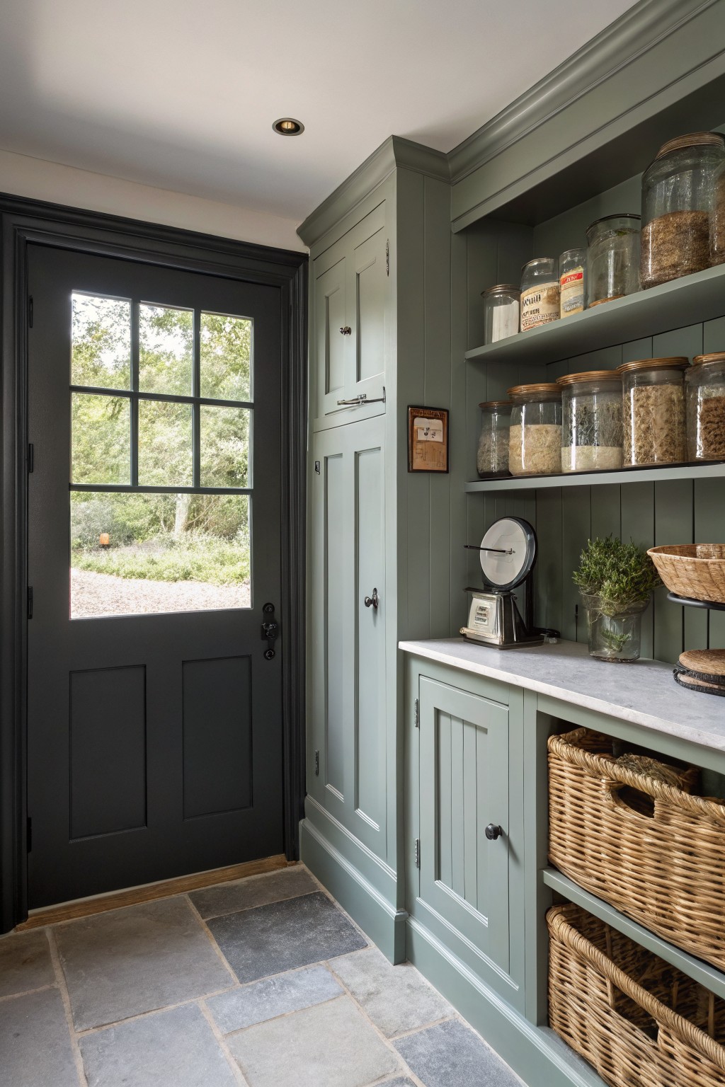 Black door with sage green cabinetry in a farmhouse interior.