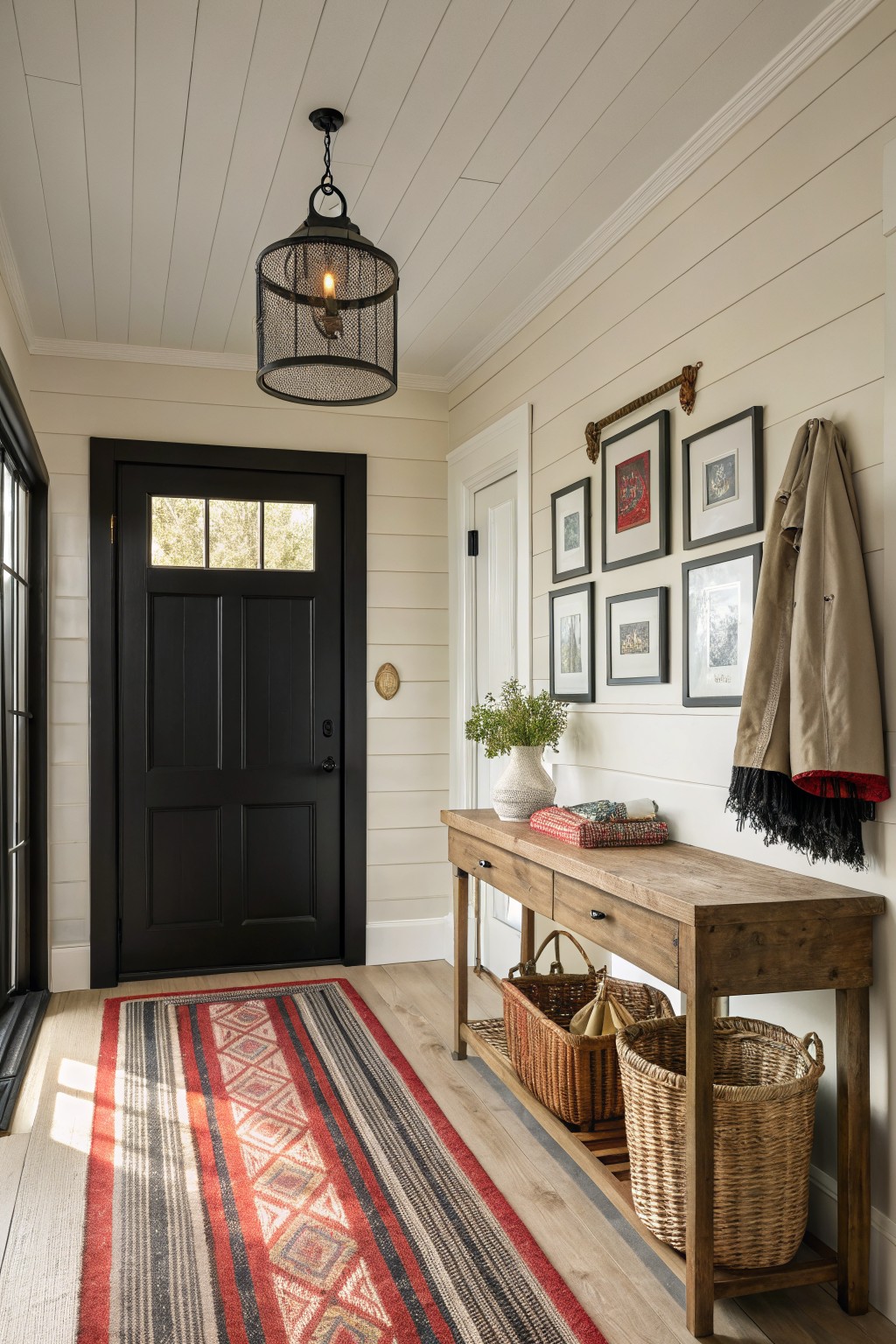 A bold black door set in white shiplap walls inside a farmhouse entry.