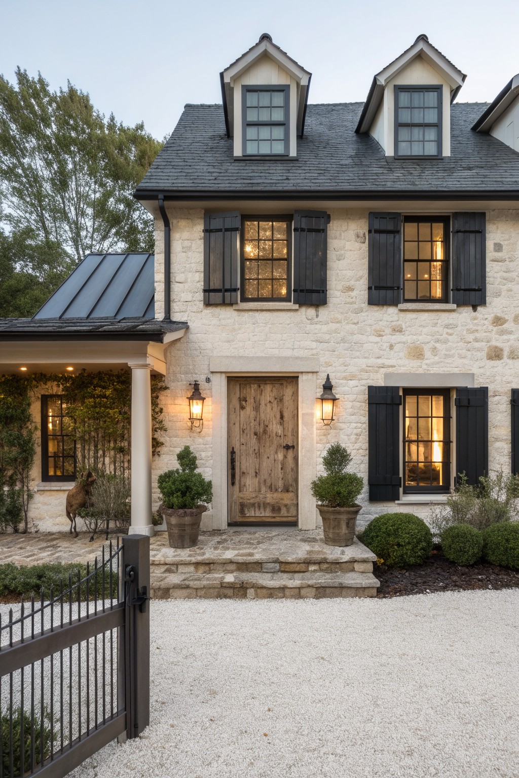 Black shutters and window frames on a stone farmhouse exterior.