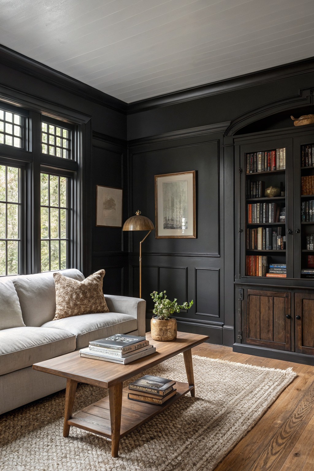 Dark-paneled living room with gray sofa, wooden table, bookshelves, and large windows.
