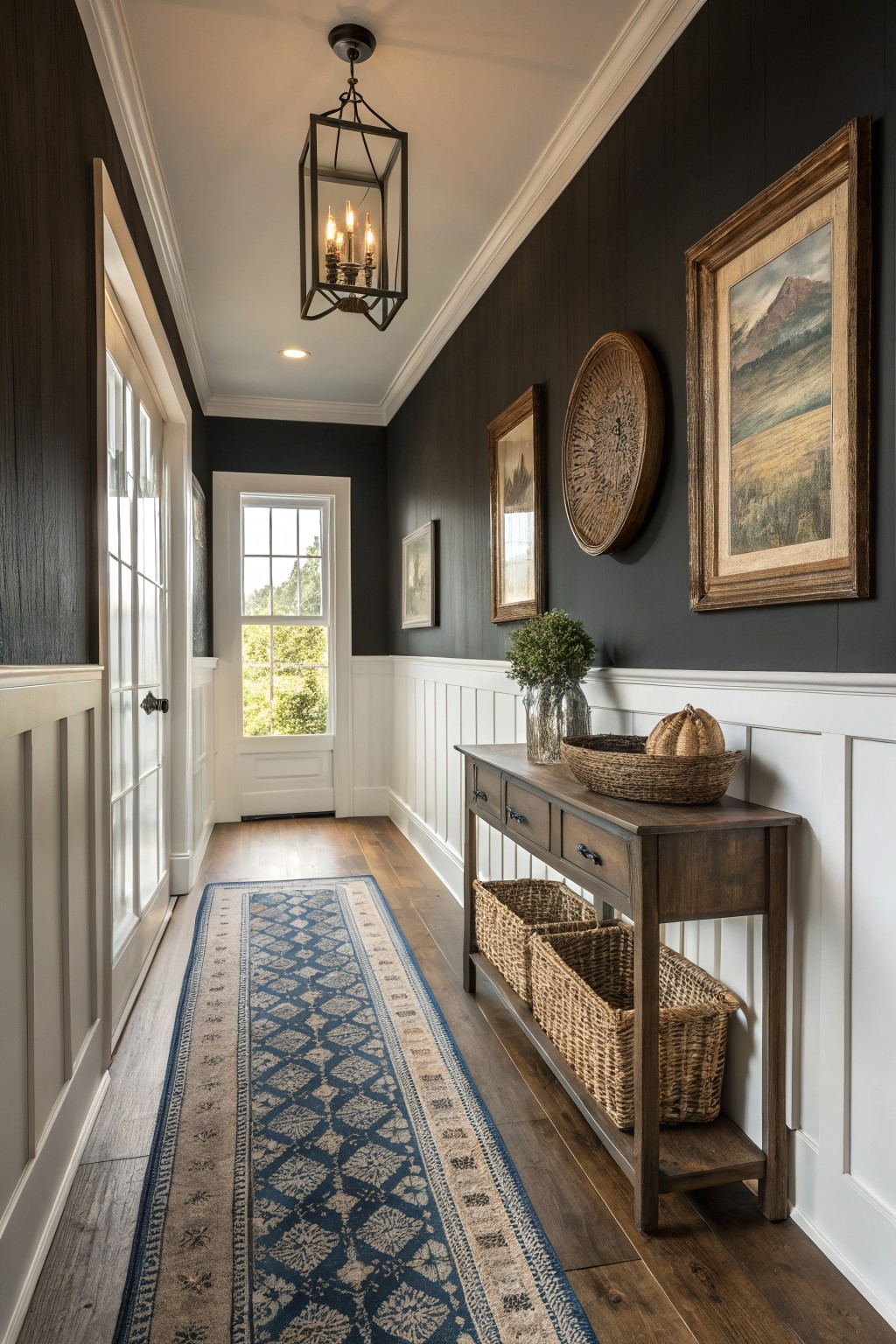 Dark black walls cover the right side of a farmhouse hallway with white wainscoting and wood floors.