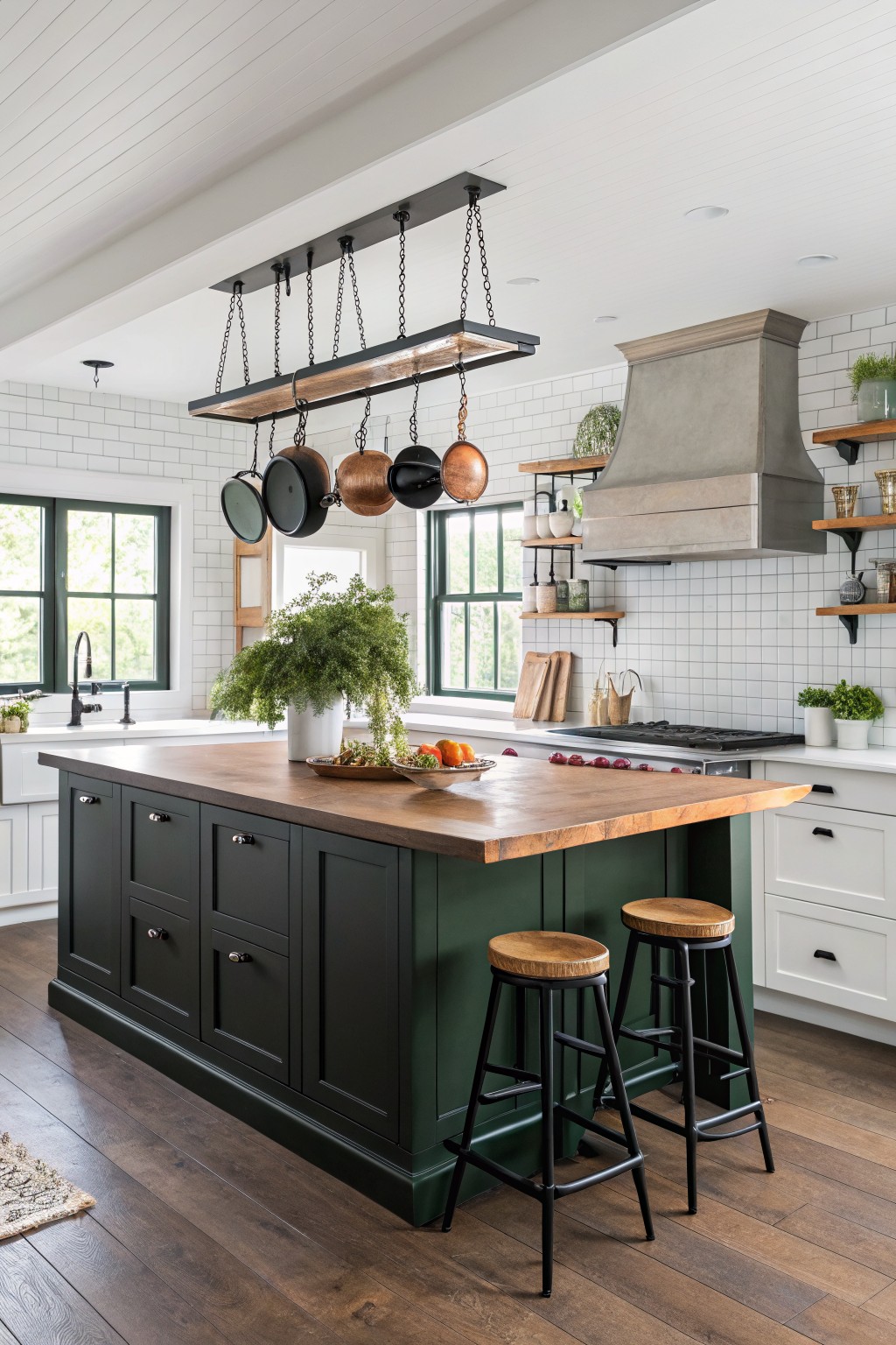 Dark black paint on kitchen island cabinets with wood countertop and stools.