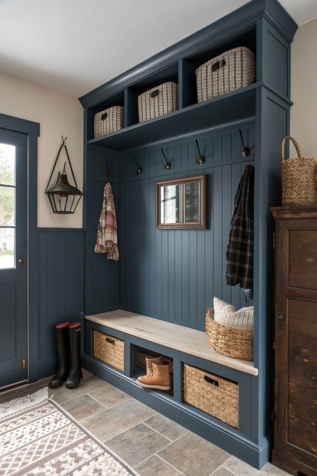 A dark navy built-in mudroom bench and storage unit with baskets and hooks.