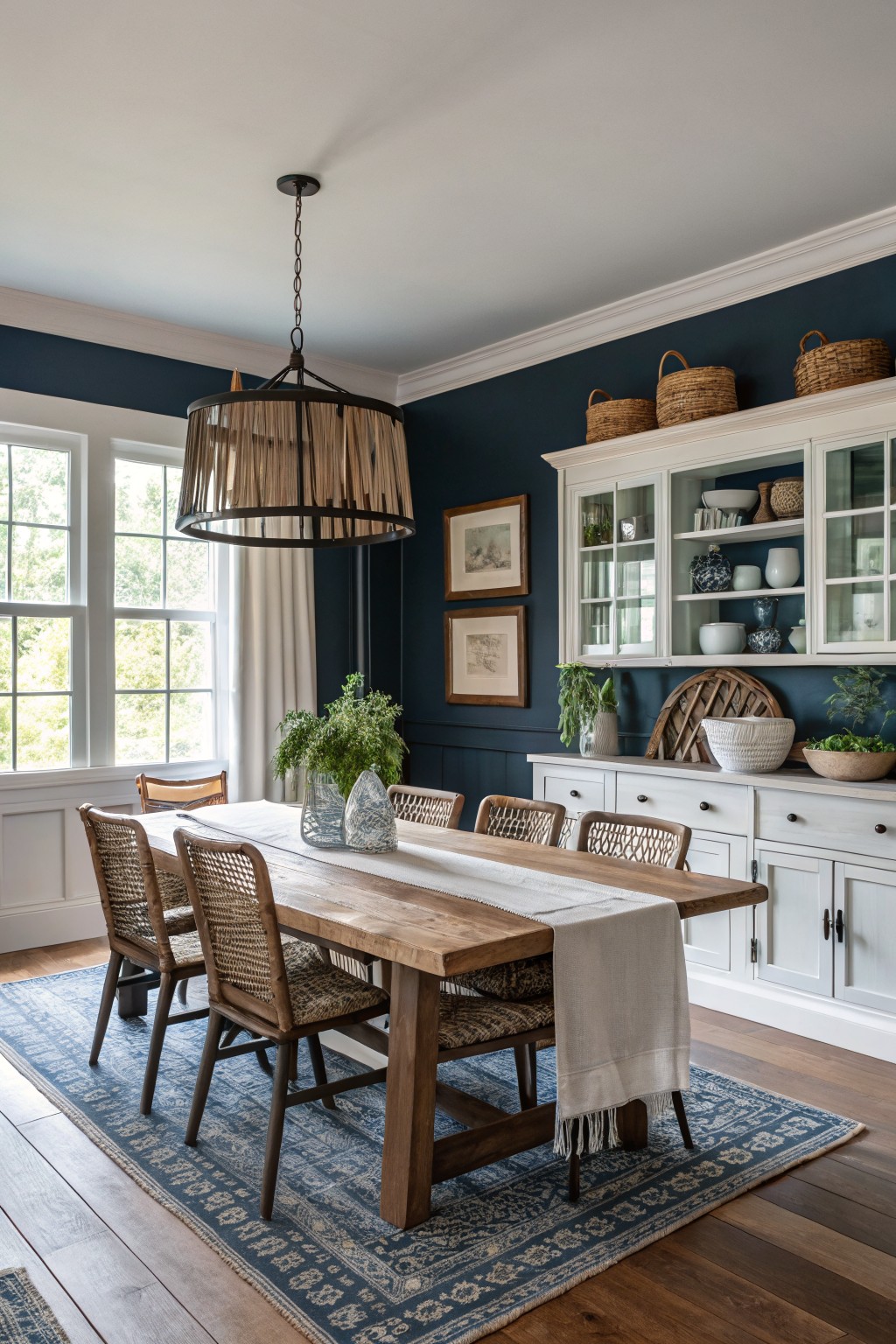 A dining room with deep navy walls and white built-in cabinetry.