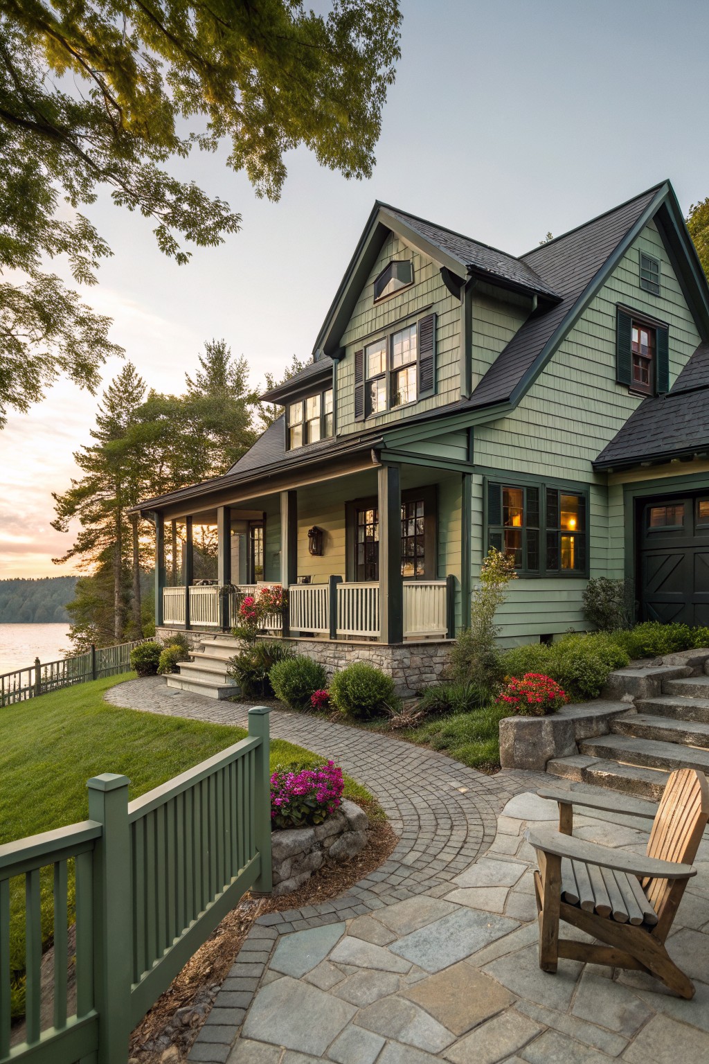 A house exterior painted in soft sage green siding with dark trim.