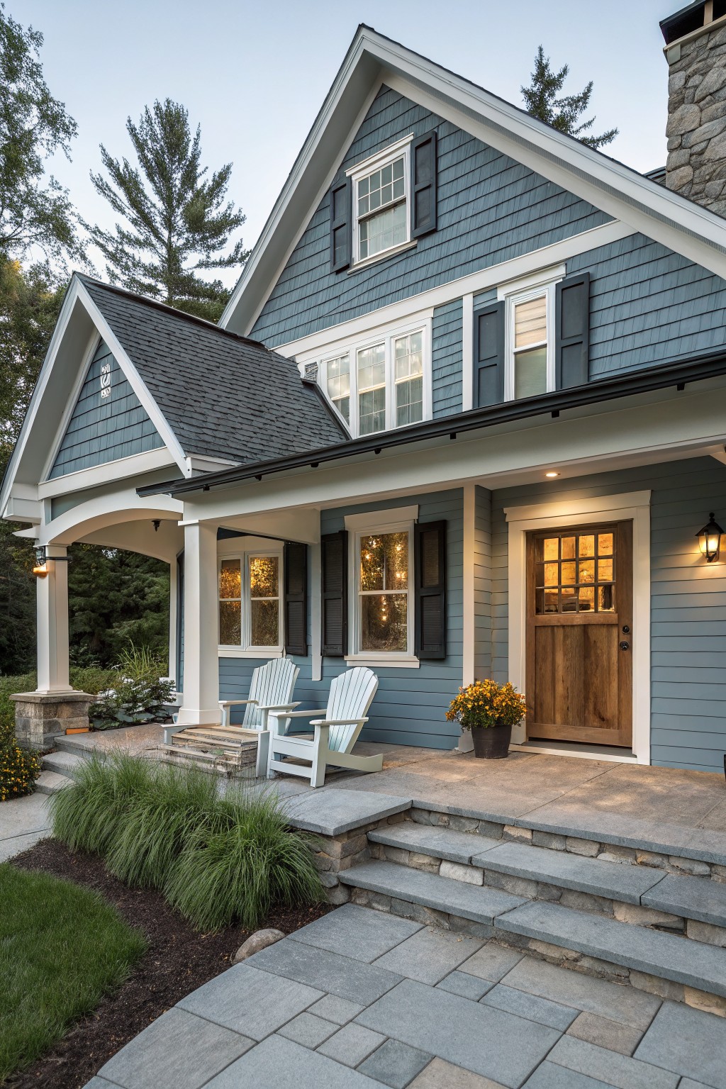 Blue gray siding on a farmhouse exterior with white trim.