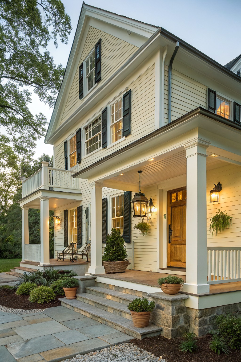 A two-story farmhouse with creamy white siding.