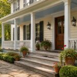A two-story farmhouse with creamy white siding.
