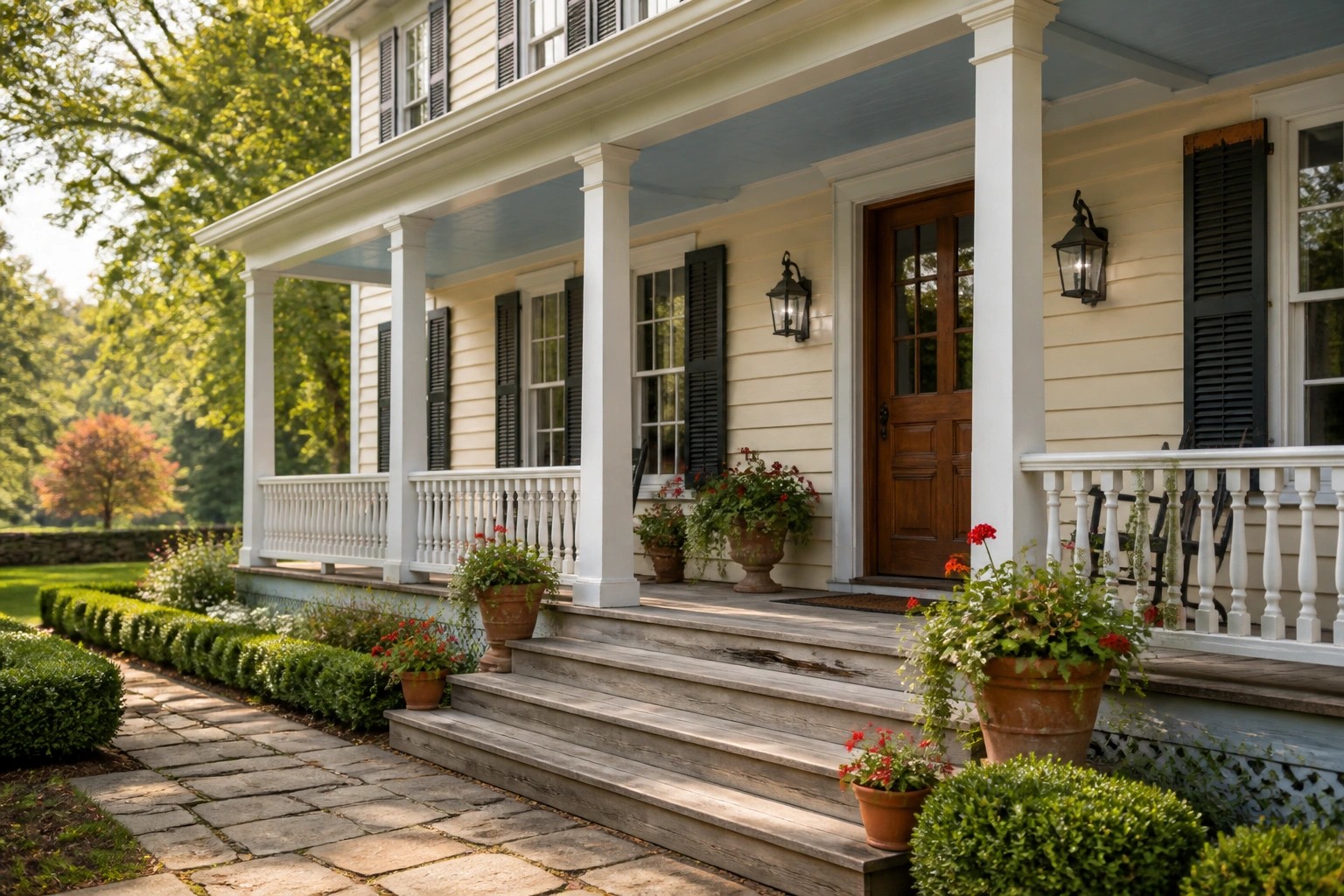 A two-story farmhouse with creamy white siding.
