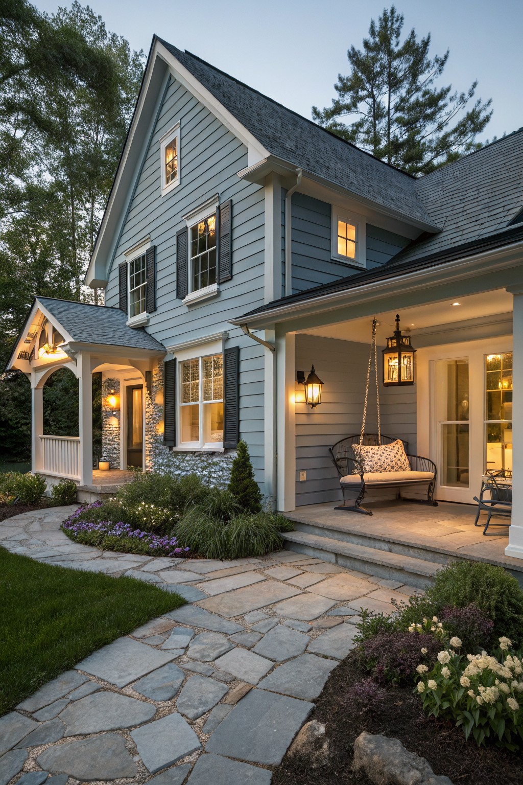 Farmhouse exterior with soft blue gray siding and white trim.