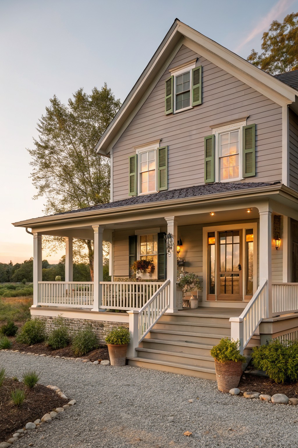 Light gray siding on a two-story farmhouse exterior with white trim.