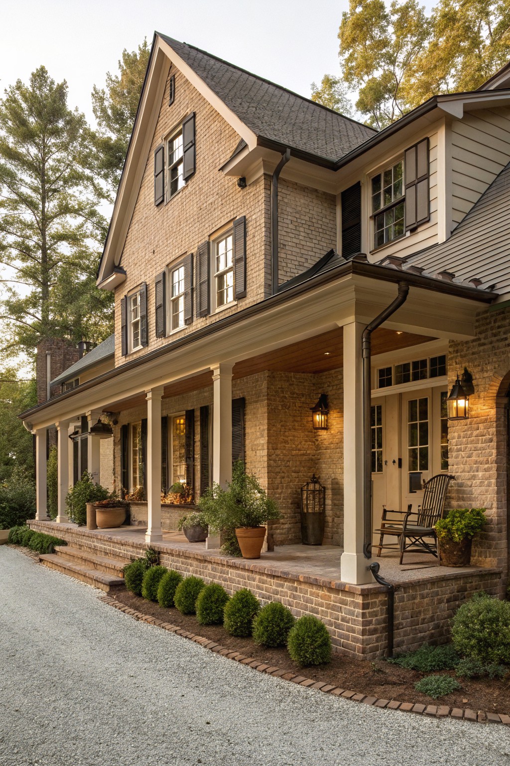 A farmhouse exterior with soft greige siding and a brick porch.