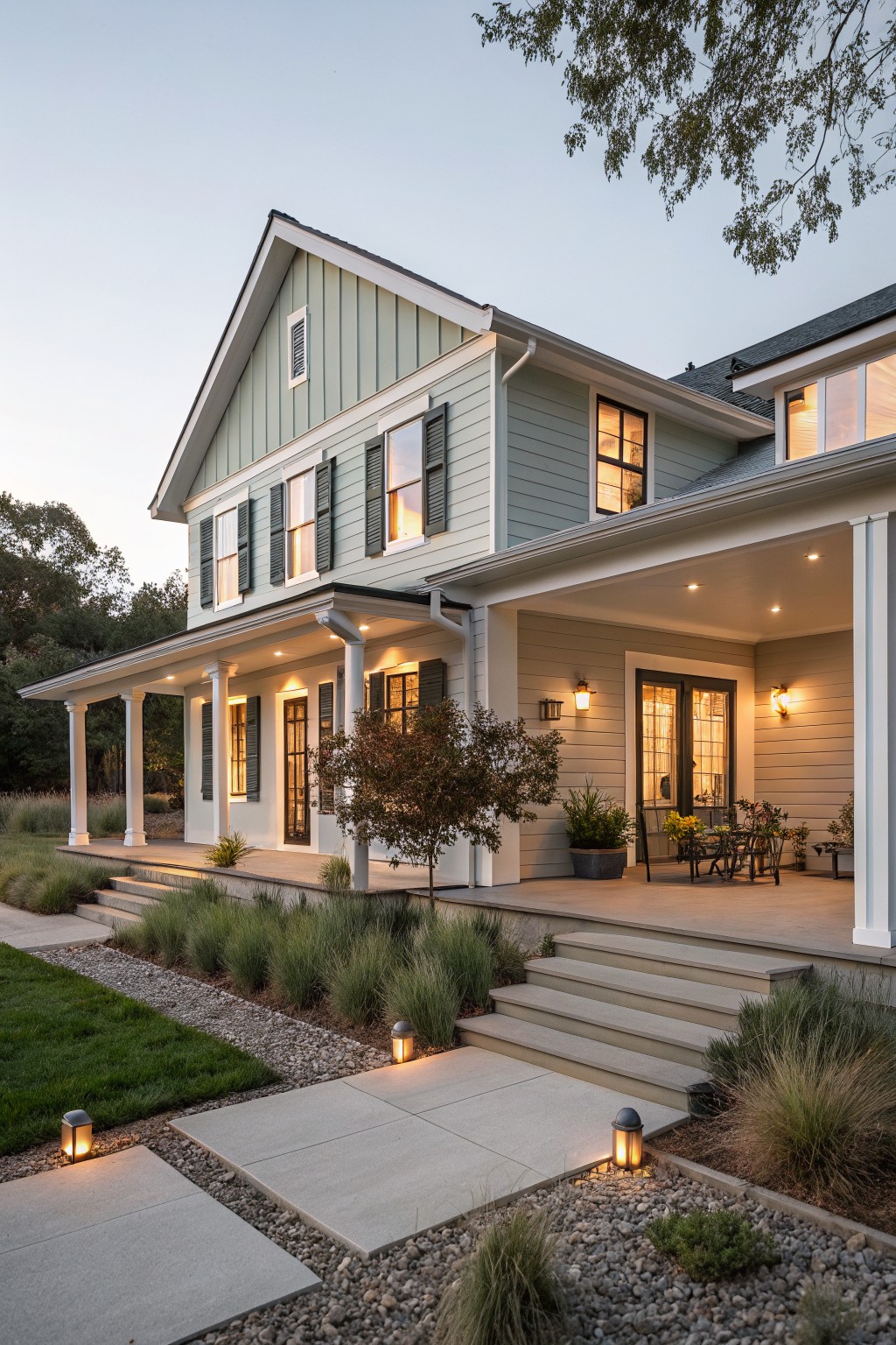 A two-story farmhouse with soft sage green siding and white trim.