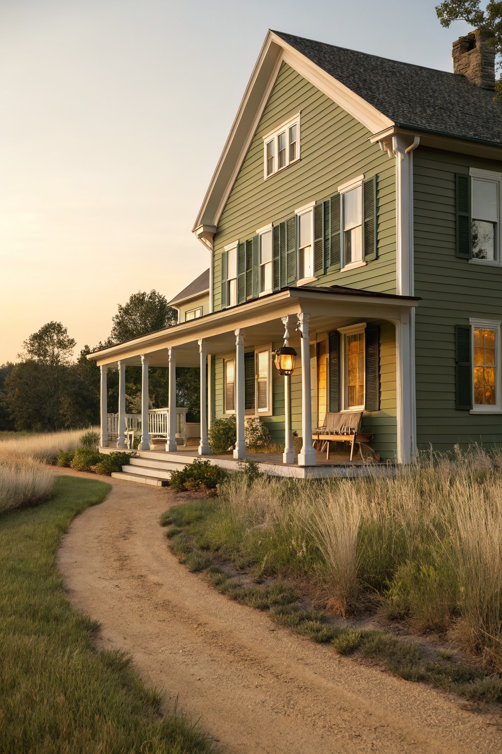 A farmhouse with soft sage green siding and white trim.