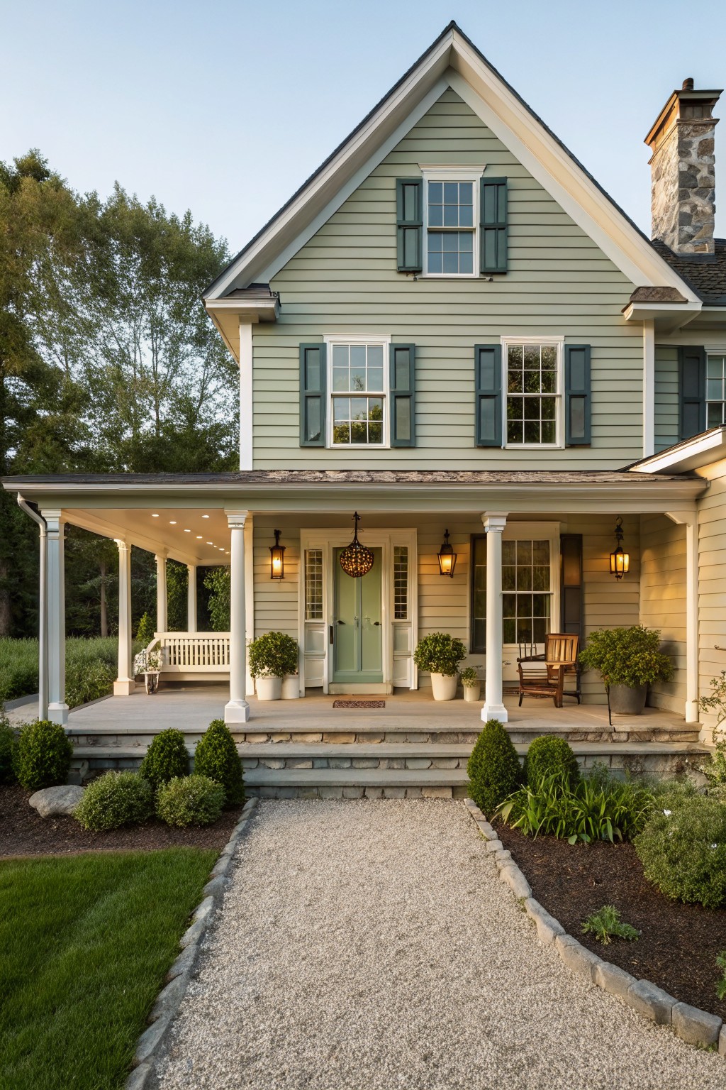 A two-story farmhouse with light sage green siding and white trim.
