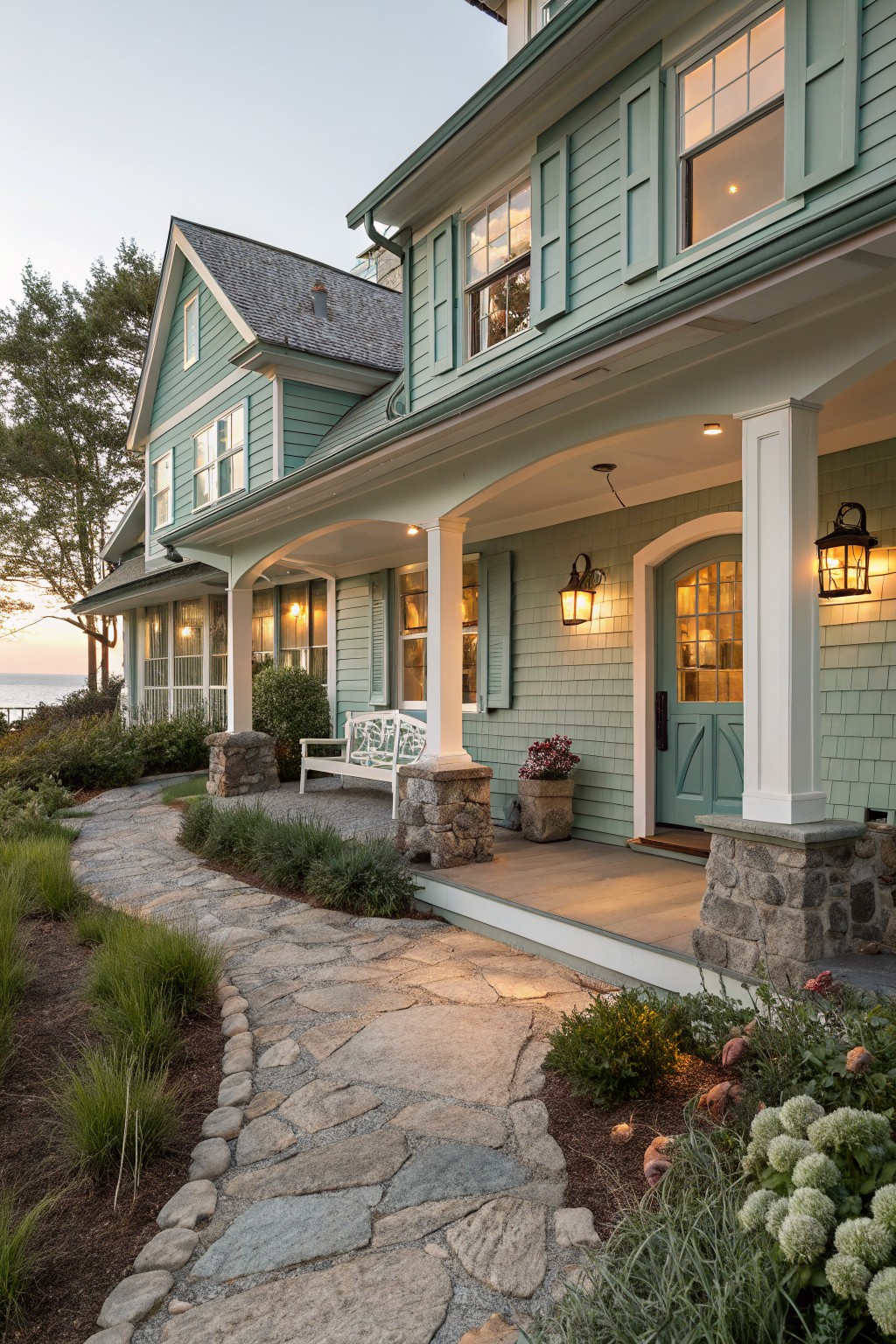 Light sage green siding on a farmhouse exterior with white trim.