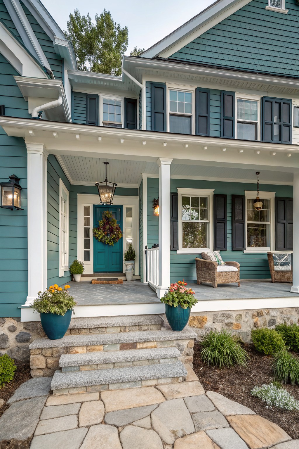 Teal painted siding on a farmhouse exterior with white trim and porch columns.