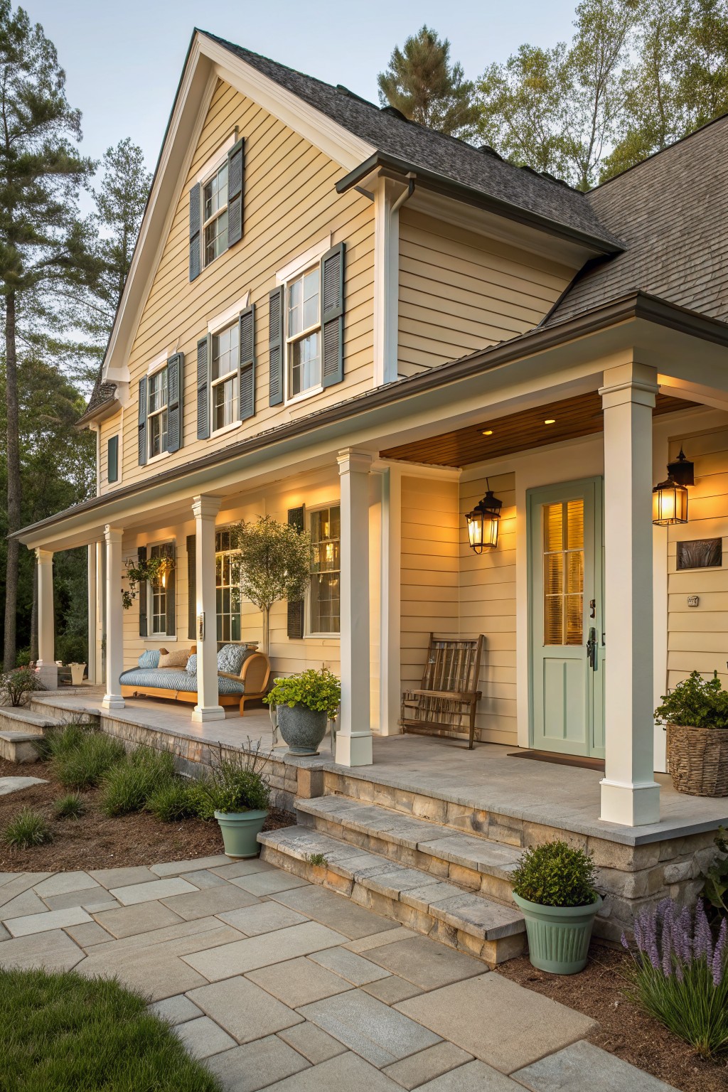 A pale yellow farmhouse with white porch columns and stone steps.