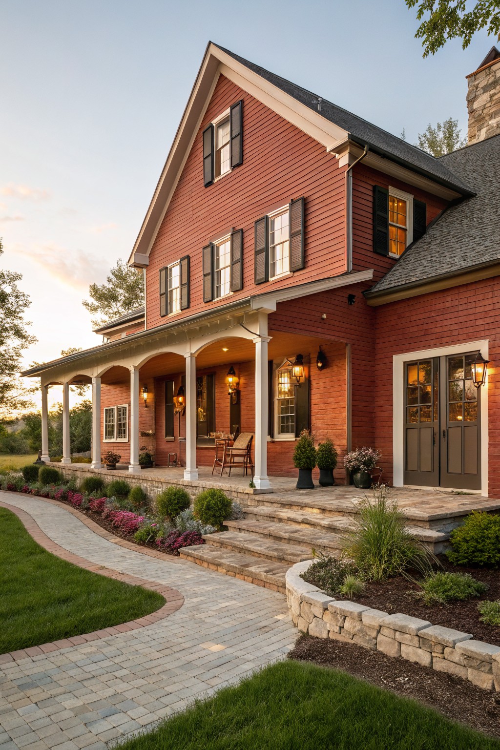 Red painted siding on a two-story farmhouse with white trim and a stone porch.