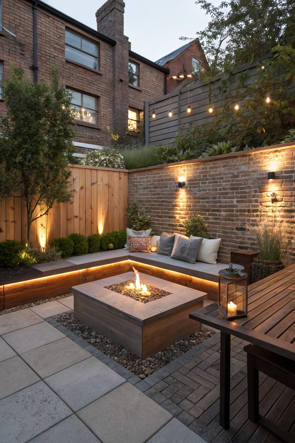 A small backyard patio features a square fire pit surrounded by built-in wooden seating with glowing edge lighting, string lights overhead, and brick walls.