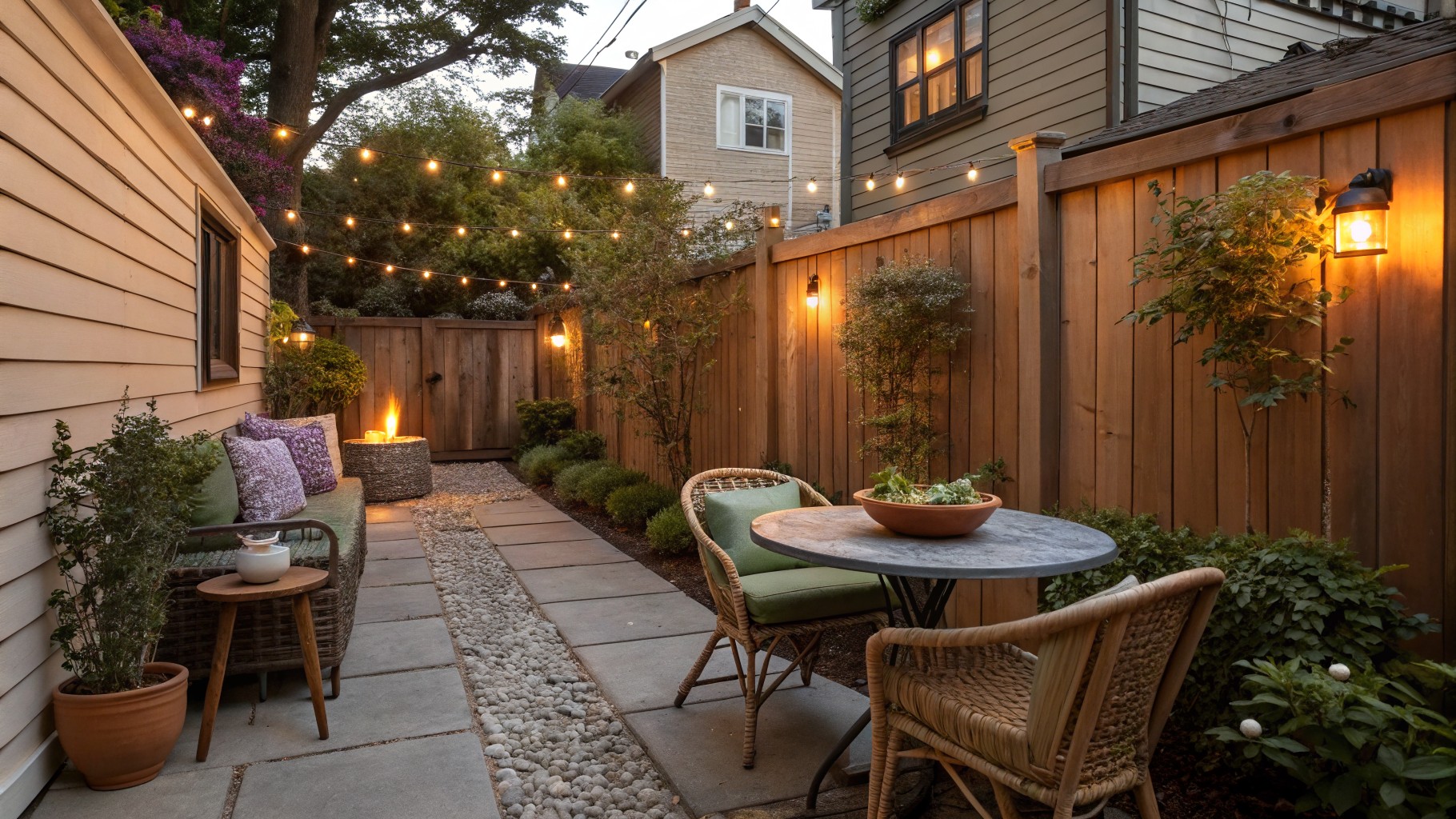 A small backyard patio with a round wooden table, four woven chairs, and string lights overhead next to a wooden house at dusk.