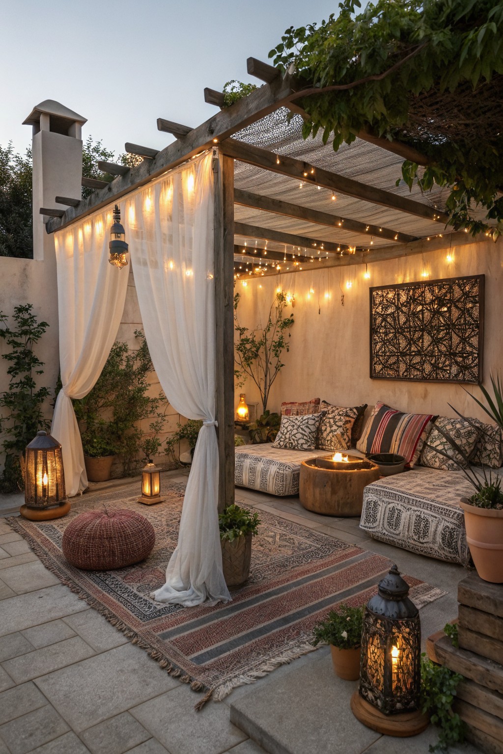 Cozy evening patio with string lights, white curtains, lanterns, cushions, and fire pit