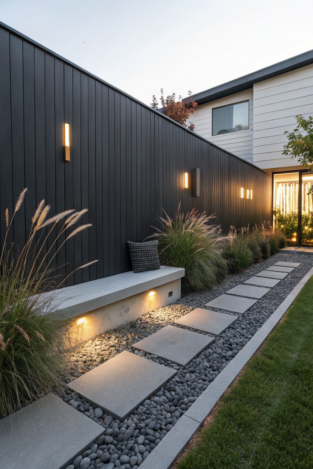 A backyard side path features rectangular stepping stones set in gravel, with low ground lights, wall sconces on a dark vertical siding wall, a concrete bench, and tall ornamental grasses.