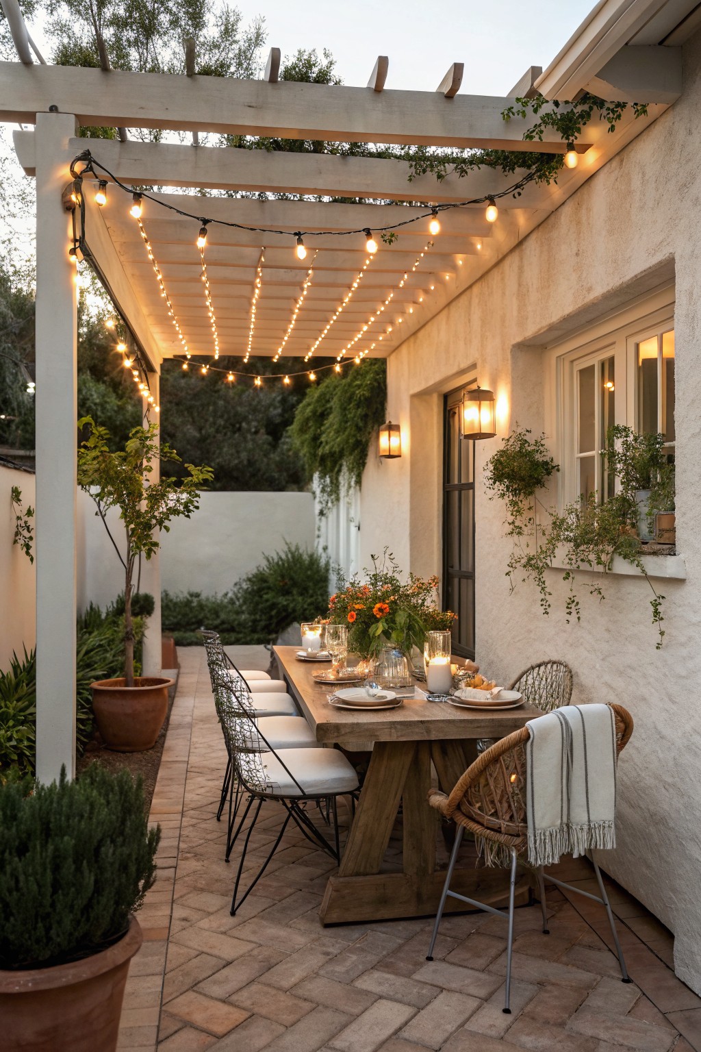 A patio dining table under a white pergola strung with warm string lights, set with plates, glasses, and flowers beside a stucco wall.