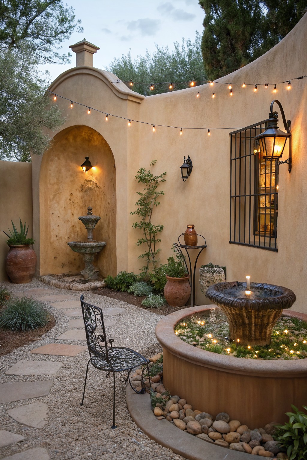 A small stucco courtyard at dusk with string lights along the walls, wall lanterns, a fountain, potted plants, and a metal chair on gravel and stone paving.